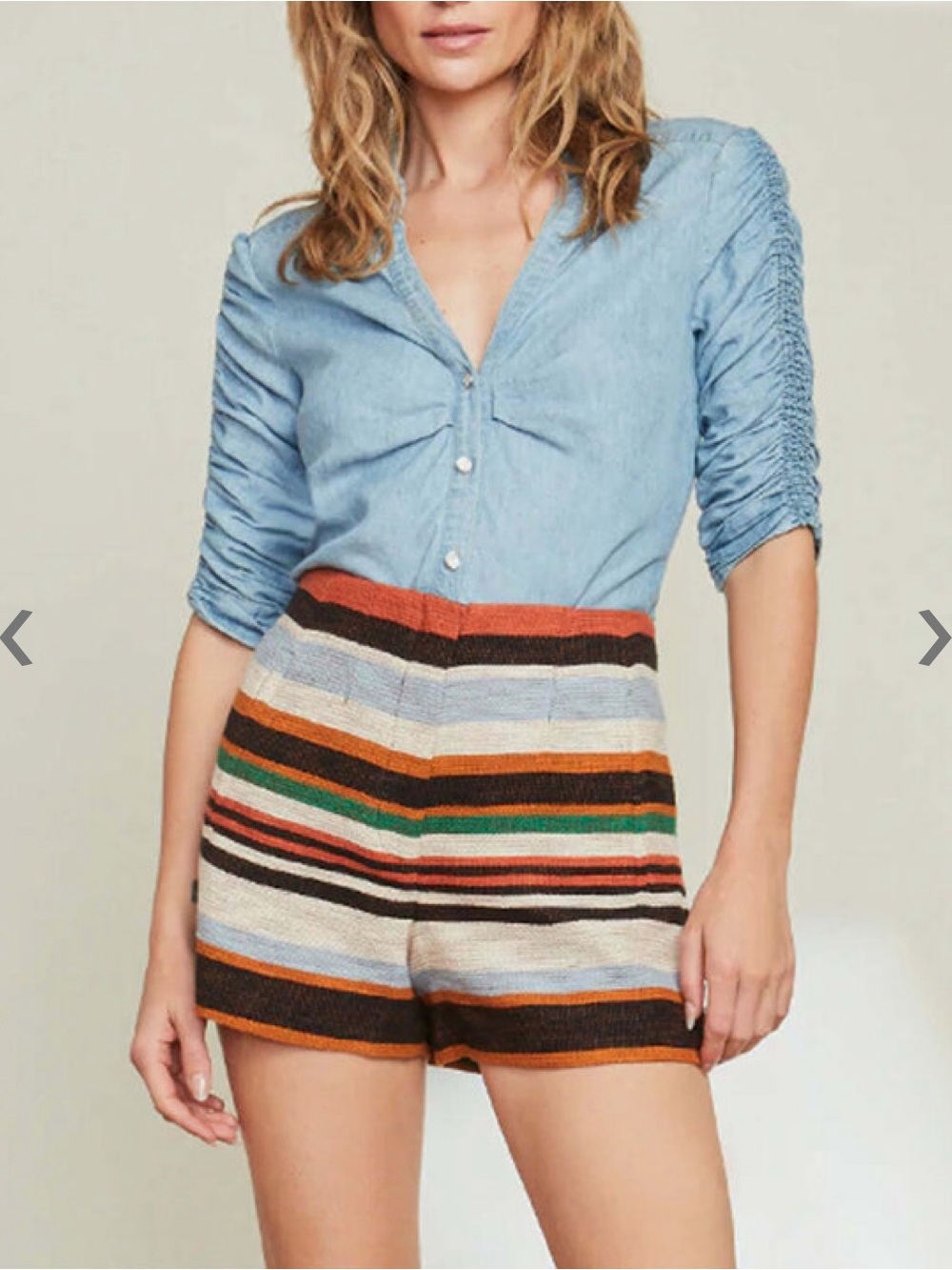 VERONICA BEARD Porta Chambray Ruched Denim Button-Up Shirt Smocked 3/4 Sleeves - Picture 7 of 8
